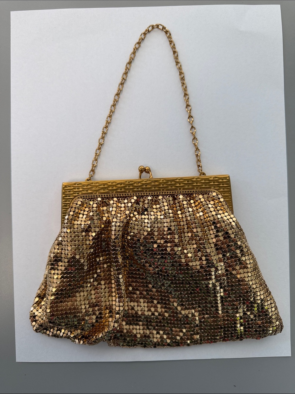 Whiting & Davis Gold Sequin Chain-Handle Evening Clutch